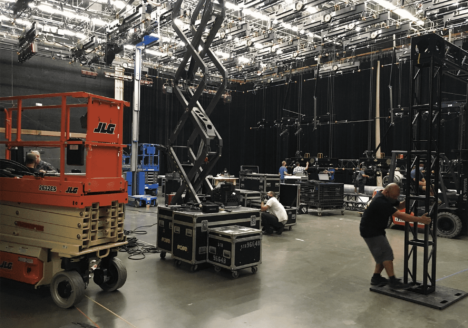 IATSE Local 80 crew loading in lighting and rigging for the Haute Dog TV show.