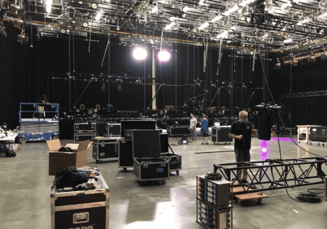 TV crew rigging lights in Stage A at Arroyo West Studios.