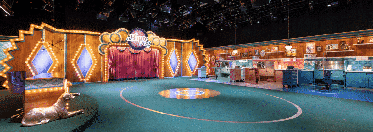 The elaborate set for the Haute Dog television program.