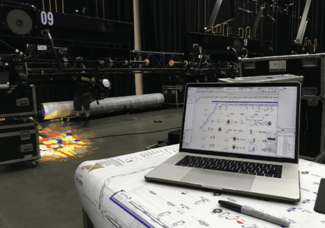 Laptop displaying lighting plot for sound stage.